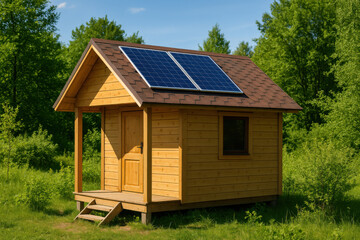 Small wooden cabin with solar panels generating green energy in a forest