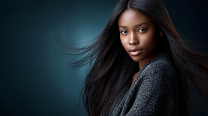 Fototapeta premium Dynamic Pose of a Beautiful Black Woman with Flowing Hair
