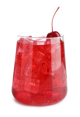 Tasty cherry soda water with ice cubes and berry isolated on white