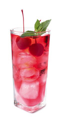 Tasty cherry soda water with ice cubes, berries and mint isolated on white