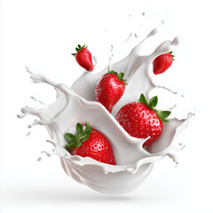 Fresh Strawberries in Milk Splash , PNG isolated cut out image