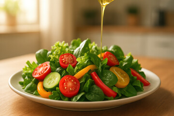 Pouring olive oil over fresh vegetable salad with cherry tomatoes, cucumber, and bell peppers