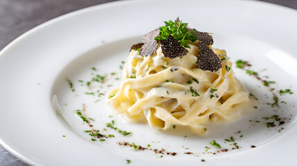 Elegant Fettuccine Alfredo Garnished with Black Truffle in a Pristine Culinary Setting