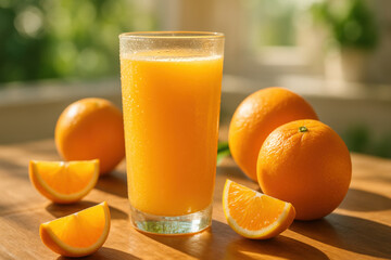 Refreshing orange juice with fresh oranges and slices on wooden table