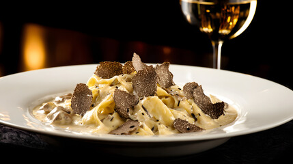 Gourmet Fettuccine with Black Truffles on Glossy Plate Against Deep Charcoal Background