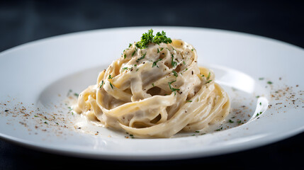 Pristine White Plate with Neatly Arranged Fettuccine in Creamy Sauce Garnished with Parsley