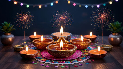 Diwali celebration with glowing candles, fireworks, and traditional decorations on a table