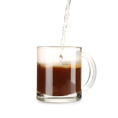Pouring hot water into glass cup with instant coffee isolated on white, closeup