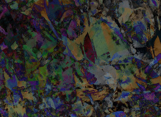 Grunge noisy grainy dirty dark abstract background with colorful textured shapes in brown, black, green. Trendy edgy design for music, digital art, posters