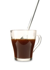Stirring tasty instant coffee with spoon isolated on white, closeup