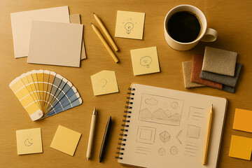 Artistic Flat Lay with Watercolor Tools and Rustic Sketchbook