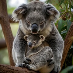 A mother koala and her joey sleeping soundly together