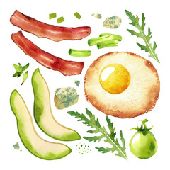 Watercolor breakfast food set with fried egg, bacon, green tomato, arugula, blue cheese and herbs on transparent background