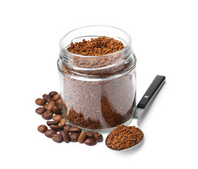 Instant coffee in glass jar, spoon and beans isolated on white