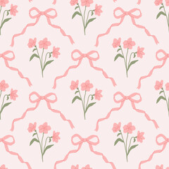 Preppy coquette seamless pattern with pink bow ribbons and cute flowers. Floral elegance damask design. Vintage cottagecore print for fabric, wallpaper or wrapping paper