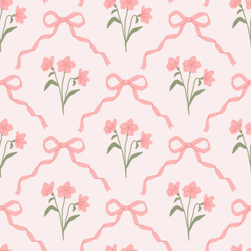 Preppy coquette seamless pattern with pink bow ribbons and cute flowers. Floral elegance damask design. Vintage cottagecore print for fabric, wallpaper or wrapping paper