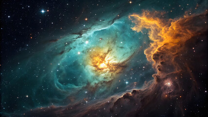 Obraz premium Vibrant nebula clouds with glowing stars create a deep space backdrop ideal for science presentation backgrounds.