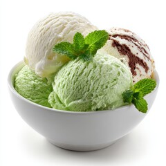 A colorful bowl of ice cream with mint leaves