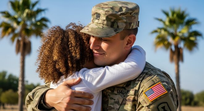 Soldier embracing daughter after returning home reunion