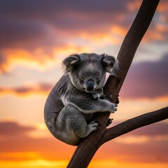 The silhouette of a sleeping koala against a sunset sky