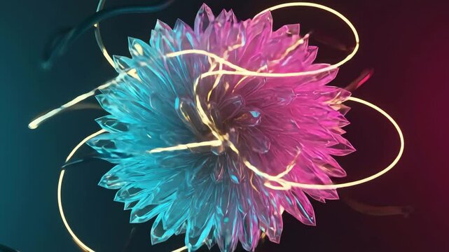Abstract Crystal Flower with Neon Lights, Cyan and Magenta Gradient Background