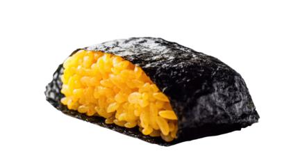 Perfect egg-shaped tamago sushi pieces wrapped in seaweed, delicious simple food isolated on transparent. PNG