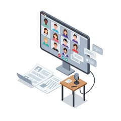 Online video conference with participants' faces displayed on a computer screen, accompanied by documents and a microphone on a desk.