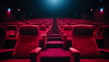 Empty cinema with red velvet seats and lights