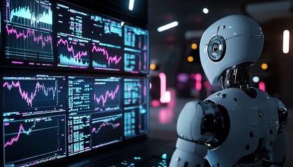 Futuristic robot analyzing market data