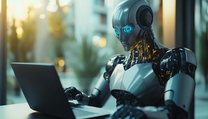 Robot working intently on a laptop computer.