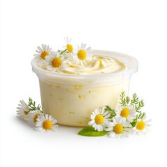 A close-up shot of a container filled with creamy, yellow spread, surrounded by beautiful daisy flowers. The details of the spread's texture, combined with the delicate flowers.
