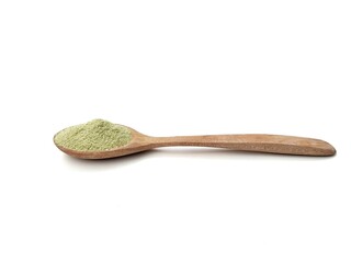 Matcha powder on wooden spoon isolated on white background 