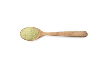 Matcha powder on wooden spoon isolated on white background 