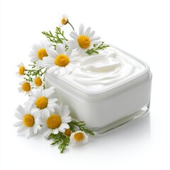 A close-up of a skin care product with chamomile flowers, showcasing natural beauty and freshness. The image evokes a sense of purity and gentle skincare.