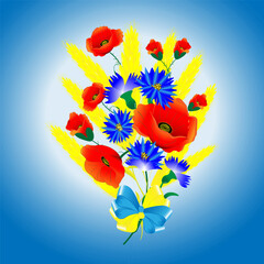 Bouquet of wild flowers on a blue background. Vector illustration