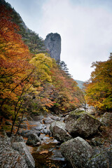 한국의 경상북도 청송군에 있는 아름다운 주왕산의 단풍과 풍경.
