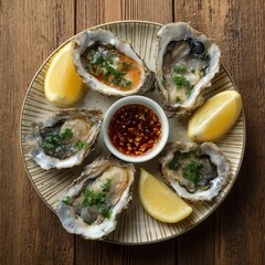 Oysters on the half shell with lemon wedges and spicy dipping sauce, served on a rustic wooden table. Top view.