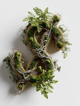 Nachhaltigkeit trifft Finanzen &ndash; Gr&uuml;nes Dollarzeichen aus &Auml;sten und Farnen	