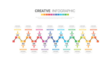 Timeline Infographics Template, Vector infographics timeline design template with 15 label, Vector. can be used for workflow layout, diagram, number step up options.
