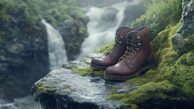 Adventure Awaits: Sturdy Boots by a Majestic Waterfall