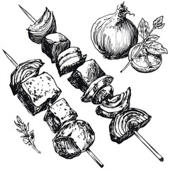 Shashlik in simple  style, hand drawn, outline, monochrome on white back