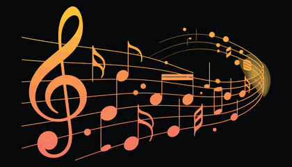 Musical notes on staff vector illustration with curving lines and music symbols