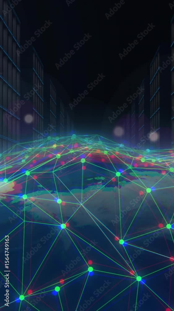 Poster animation of globe with connections, data processing over computer servers