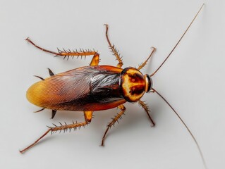 Close-Up of a Brown-Banded Cockroach on a White Background: Detailed Macro Photography of Insect Anatomy in an Indoor Setting