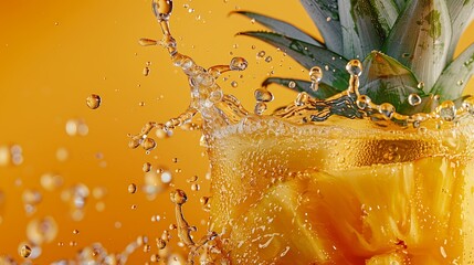 A vibrant splash of pineapple juice with droplets frozen in motion against a solid orange background.