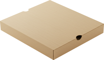 Angled view of a closed square light brown cardboard pizza box with a heartshaped cutout.