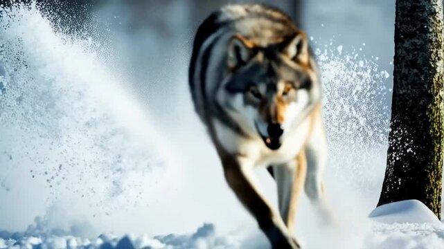 A wolf runs through deep snow creating a cloud of white powder in the winter landscape scene animal video