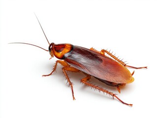 Close-up View of a Reddish-Brown Cockroach on White Background: Detailed Macro Photography of Insect Morphology and Pest Control.