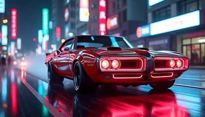 A vibrant red classic muscle car with neon lights drives through a rain-slicked city street at night, showcasing a blend of retro and futuristic aesthetics in a dynamic composition.