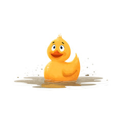 Cute cartoon yellow rubber duck splashing happily in a muddy puddle isolated on transparent background